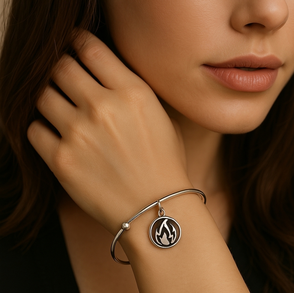 Silver Vantel Pearls Bangle Bracelet – Fire Charm Women’s Fashion Jewelry 7.5-in